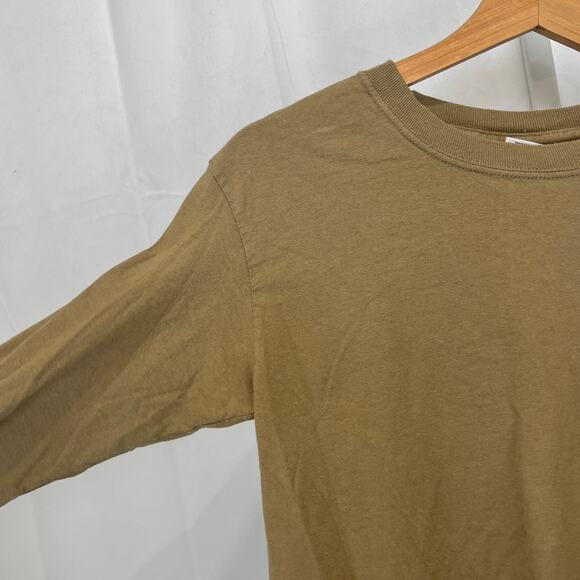 TRADER JOES Gildan Long Sleeve T Shirt Cropped Roll Hem Cotton Brown Green S - Picture 4 of 8